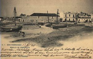1905 Muelle del Zaporito y casa de baños. Los faluchos y cañaíllas mariscando en el fango ya no es posible en este muelle. Fotografía de Cembrano, cedida por Carlos Rodríguez Baturone.